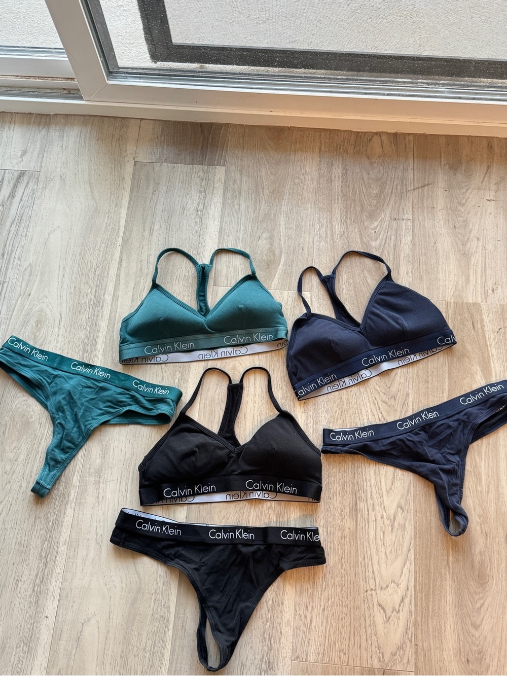 Calvin Klein Cotton Triangle Bralette & Thong Set - Teal, Navy, Black